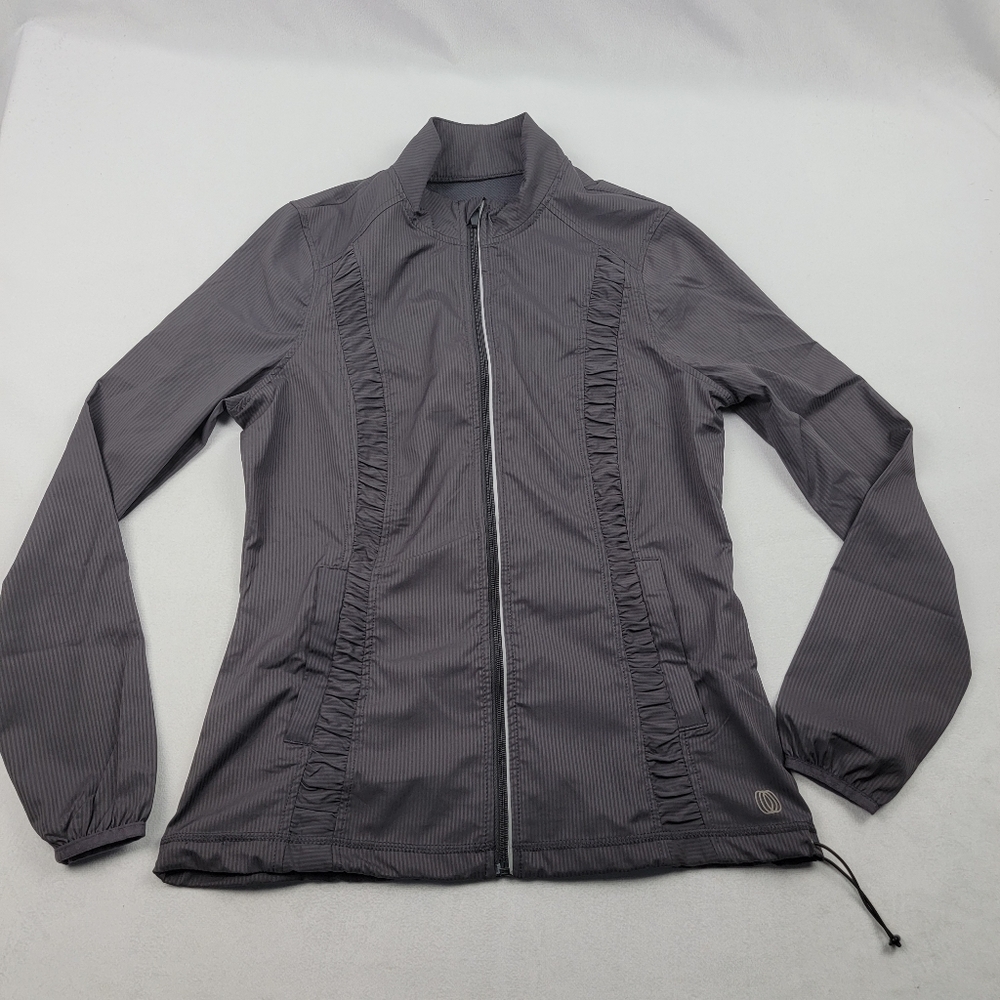 Lightweight ruched vented athletic running jacket with reflective stripe